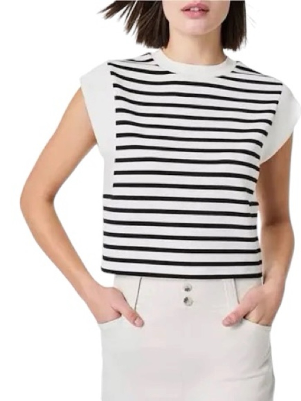 Spanx Air Essentials Women’s T-shirt M Cap Sleeve Striped Black/Cream Sporty